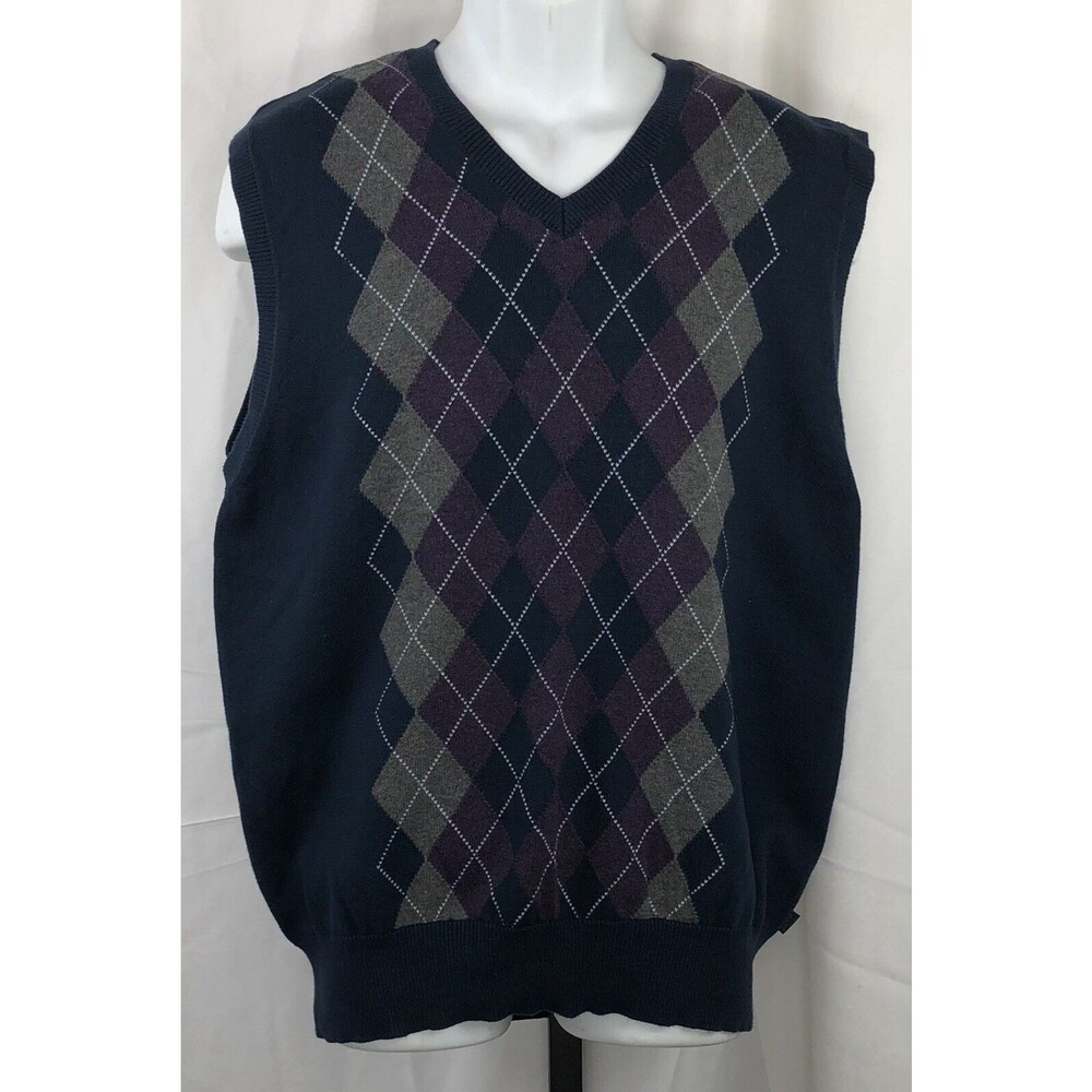 Izod Sleeveless Sweater Vest L Blue Gray Argyle Cotton Preppy Classic Academia